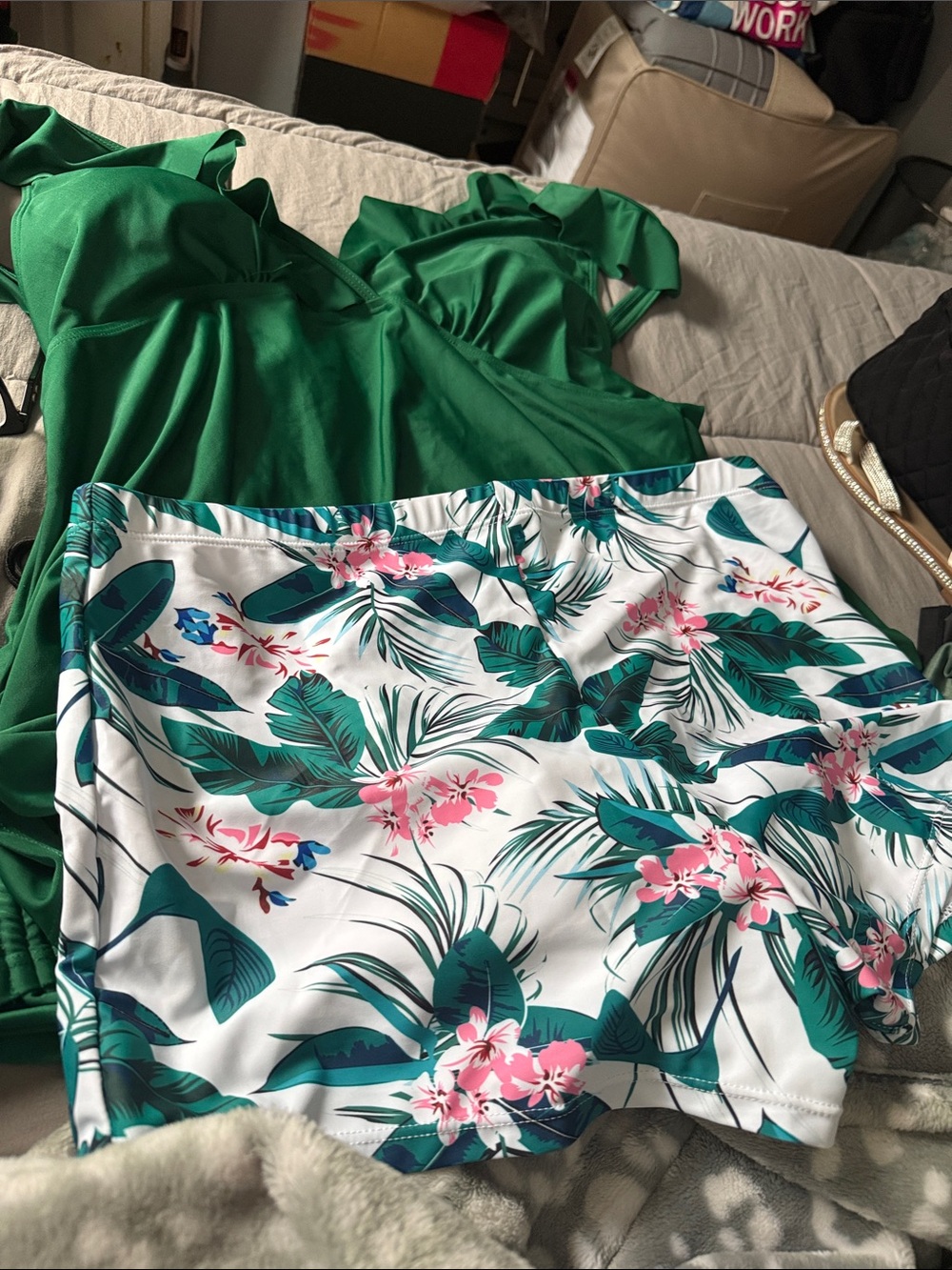 Green One-Piece Swimsuit with Tropical Floral Swim Shorts